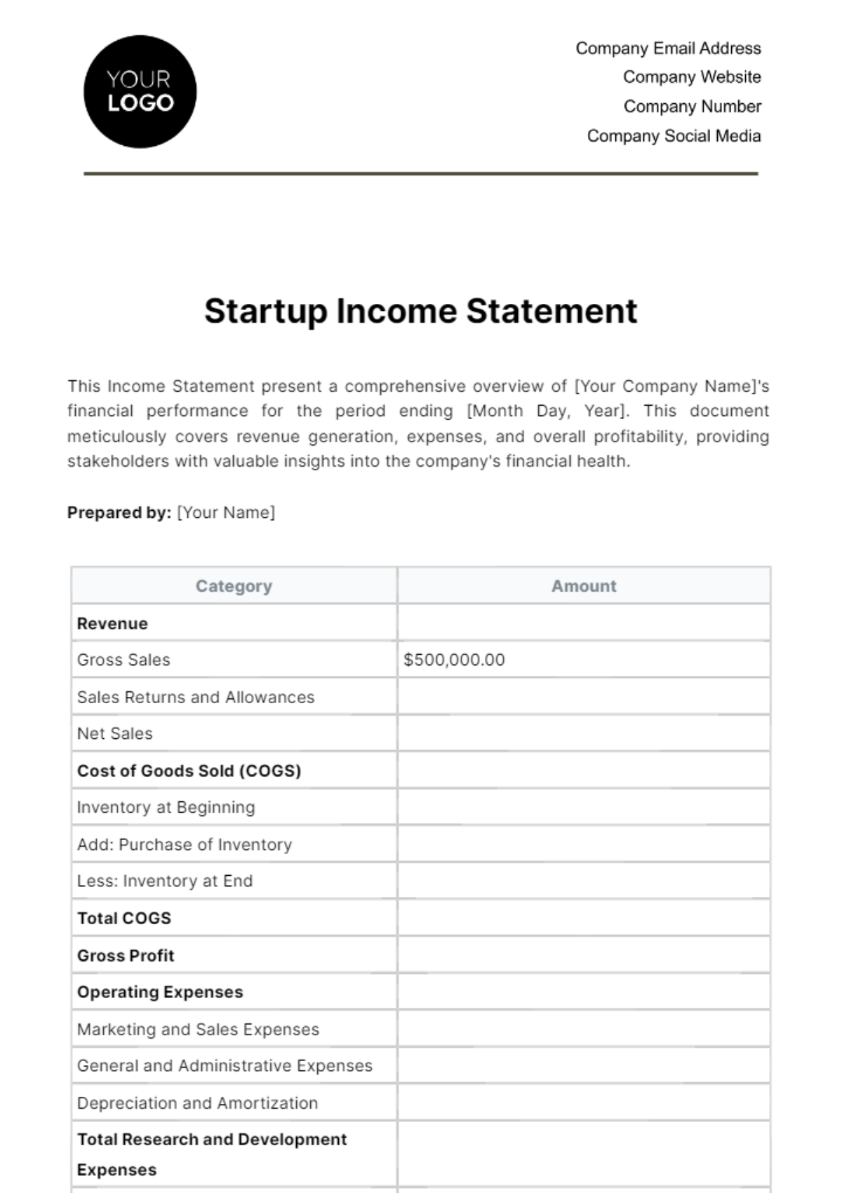 Free Startup Income Statement Template