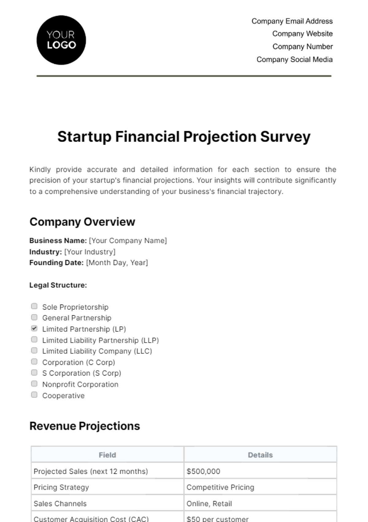 Free Startup Financial Projection Survey Template