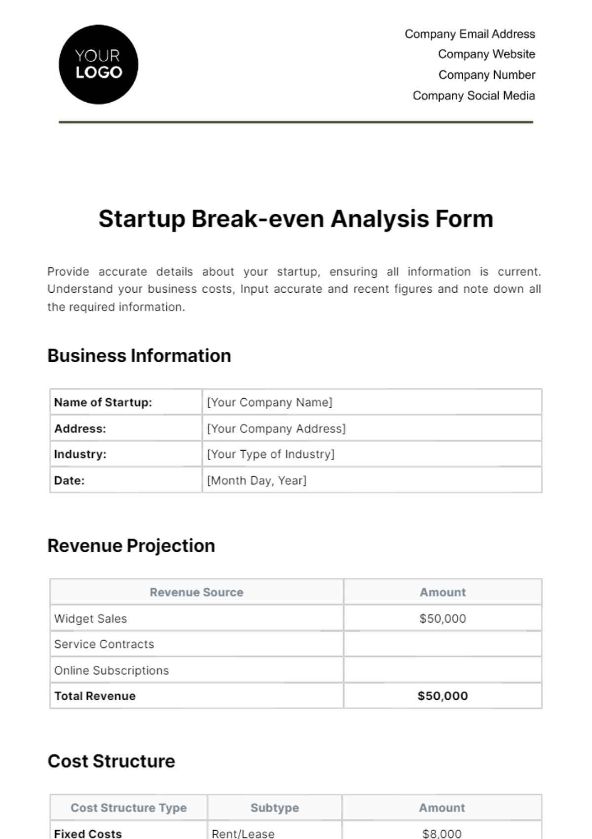 Startup Break-even Analysis Form Template