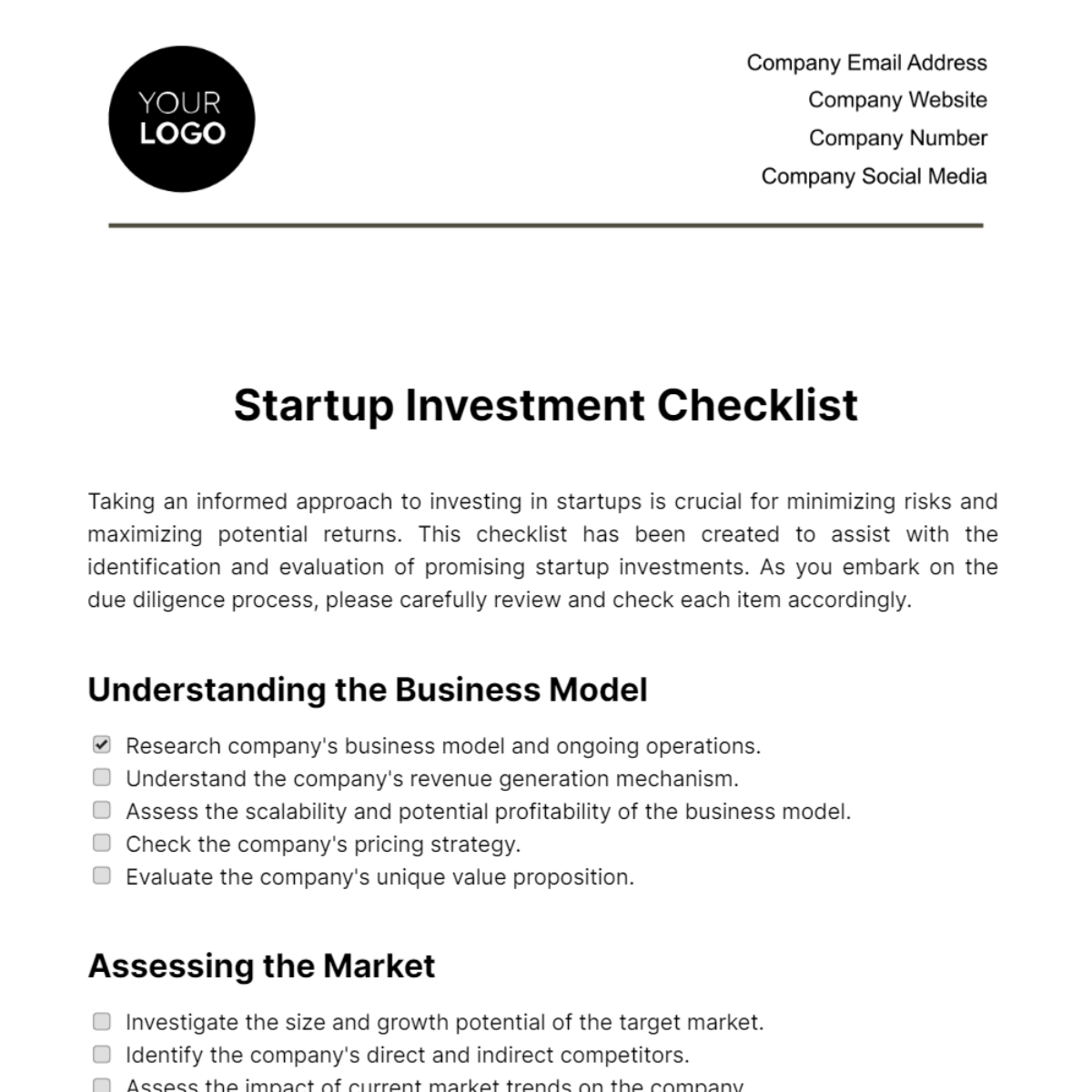 Startup Investment Checklist Template
