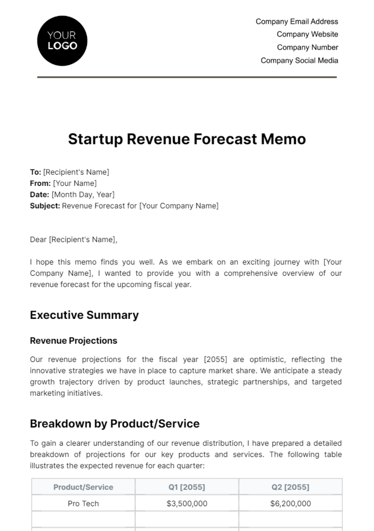 Startup Revenue Forecast Memo Template