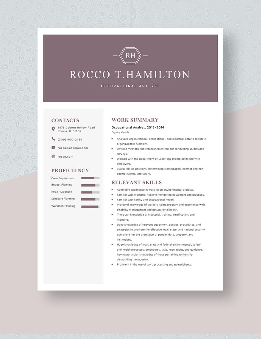 Occupational Analyst Resume
