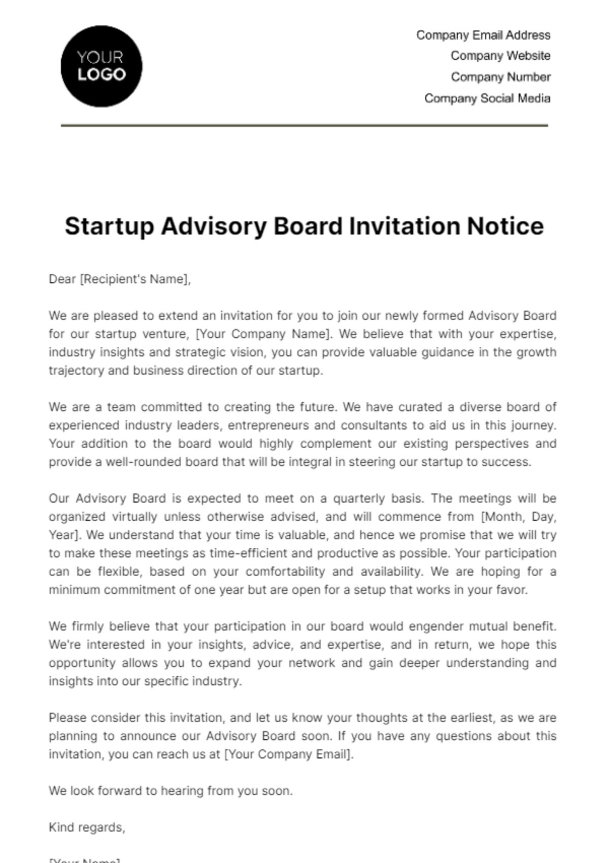 Startup Advisory Board Invitation Notice Template