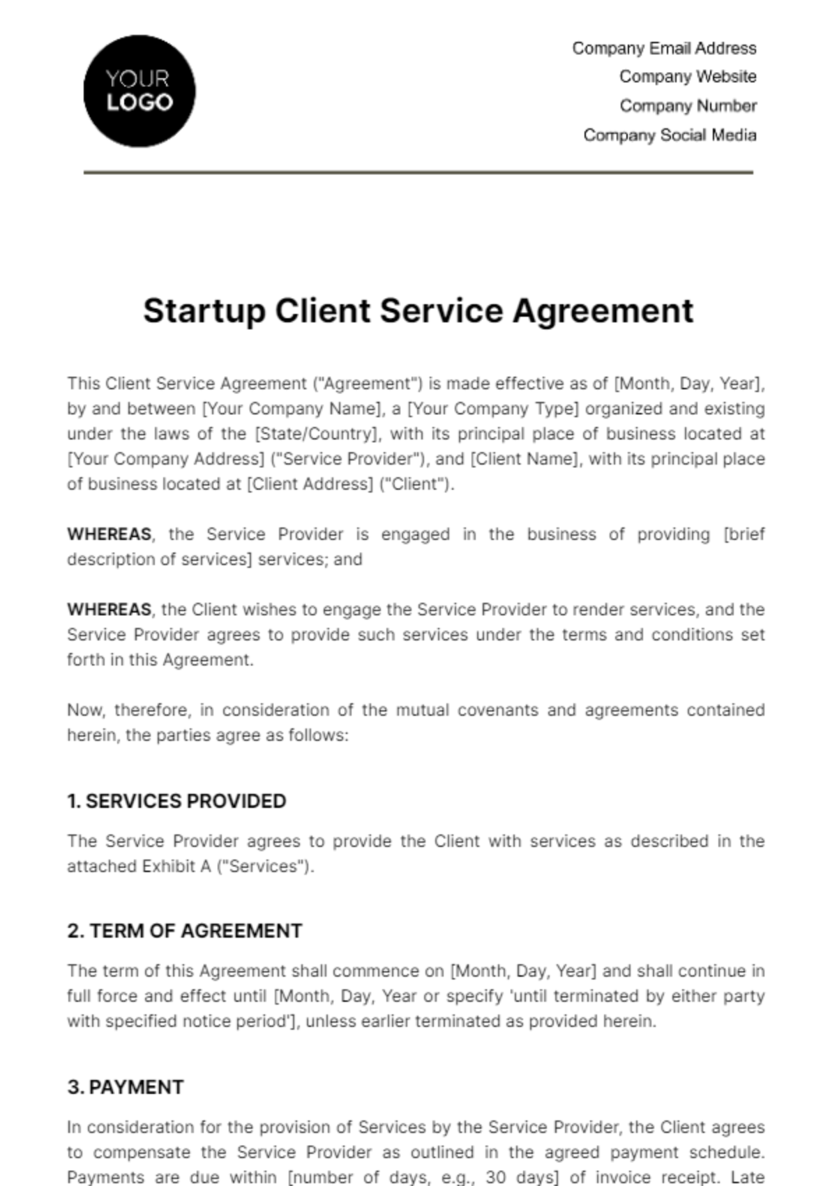 Startup Client Service Agreement Template