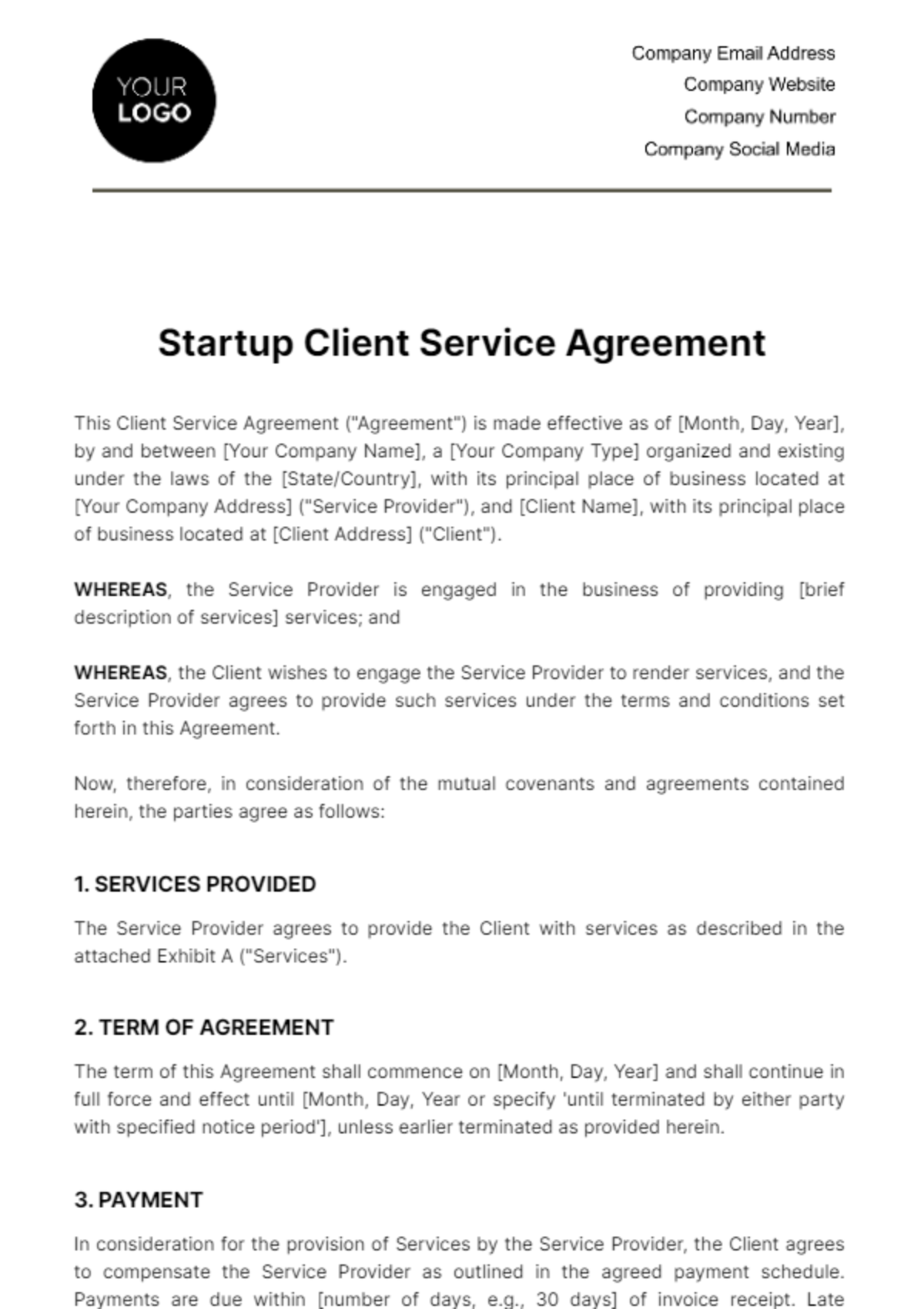 Startup Client Service Agreement Template - Edit Online & Download