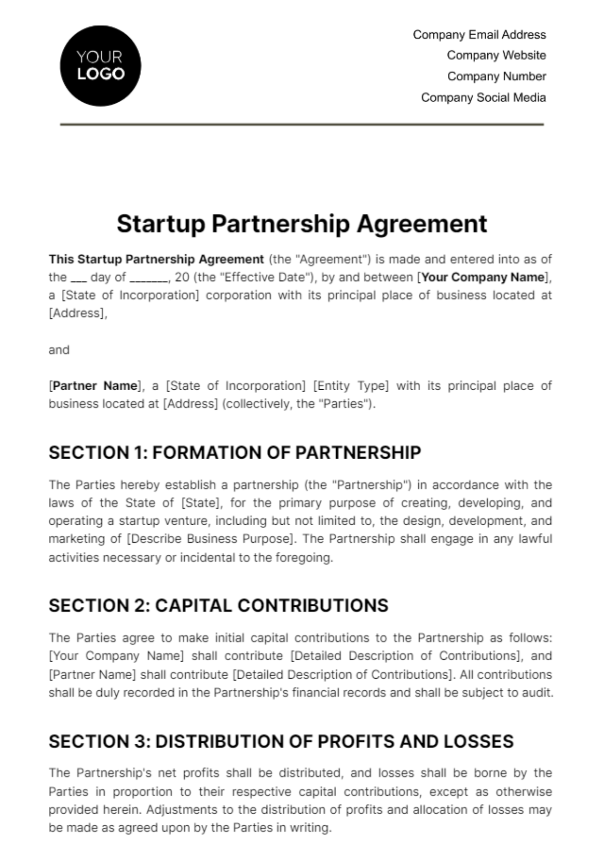 Startup Partnership Agreement Template