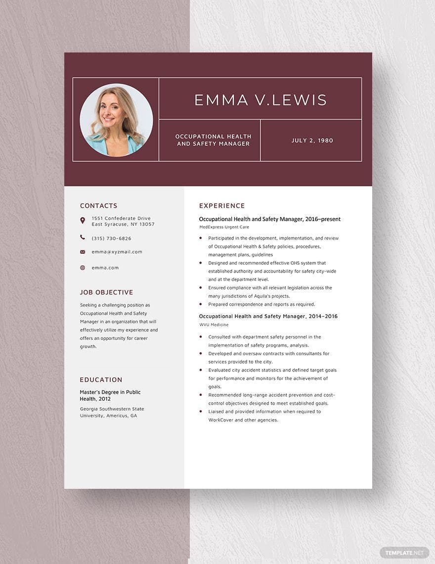 Occupational Health and Safety Manager Resume Template