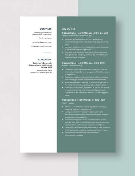 Occupational Health Manager Resume Template