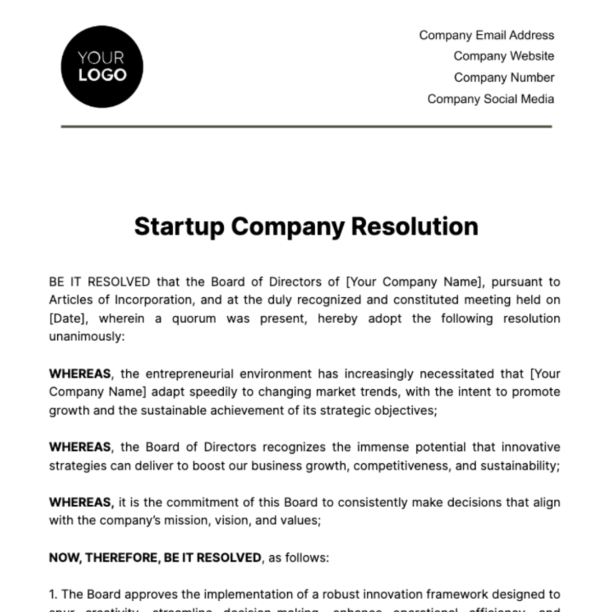 Startup Company Resolution Template - Edit Online & Download