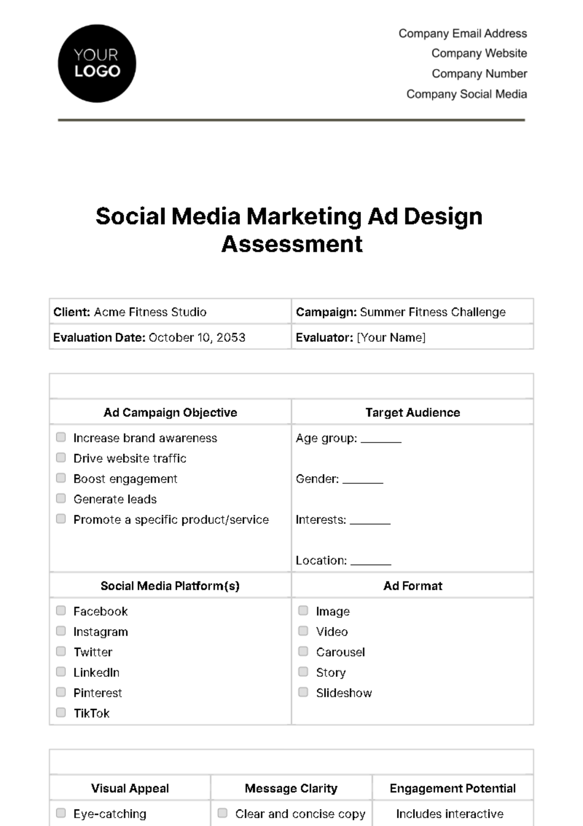 Social Media Marketing Ad Design Assessment Template