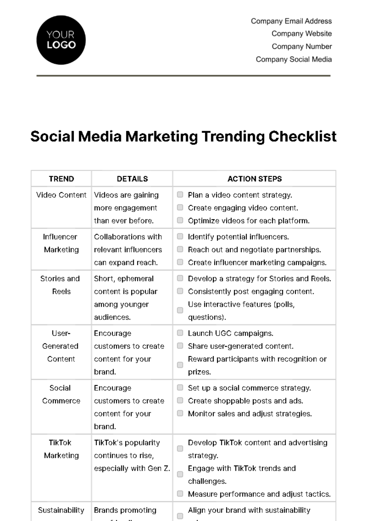 Social Media Marketing Trending Checklist Template