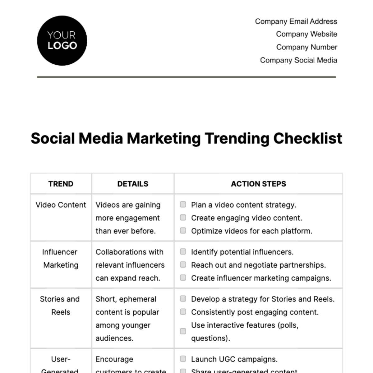 Social Media Marketing Trending Checklist Template - Edit Online & Download