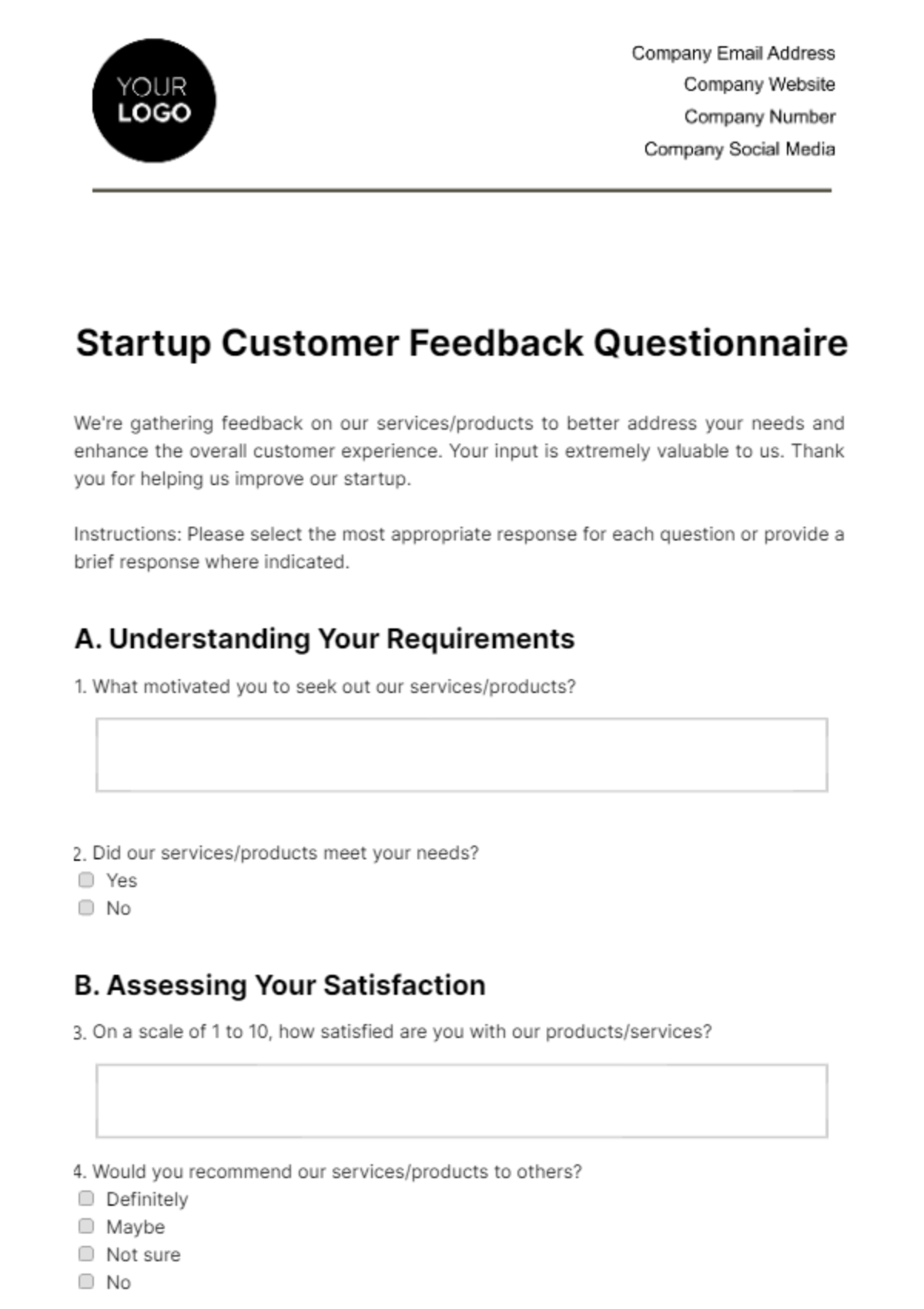 Startup Customer Feedback Questionnaire Template