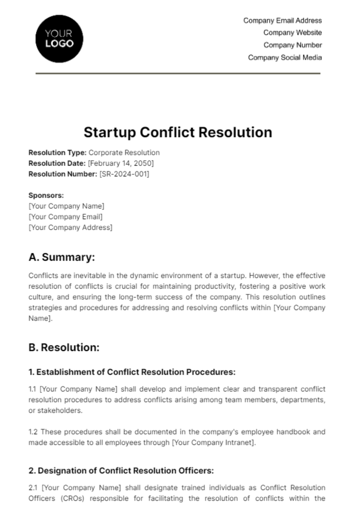 Free Startup Conflict Resolution Template