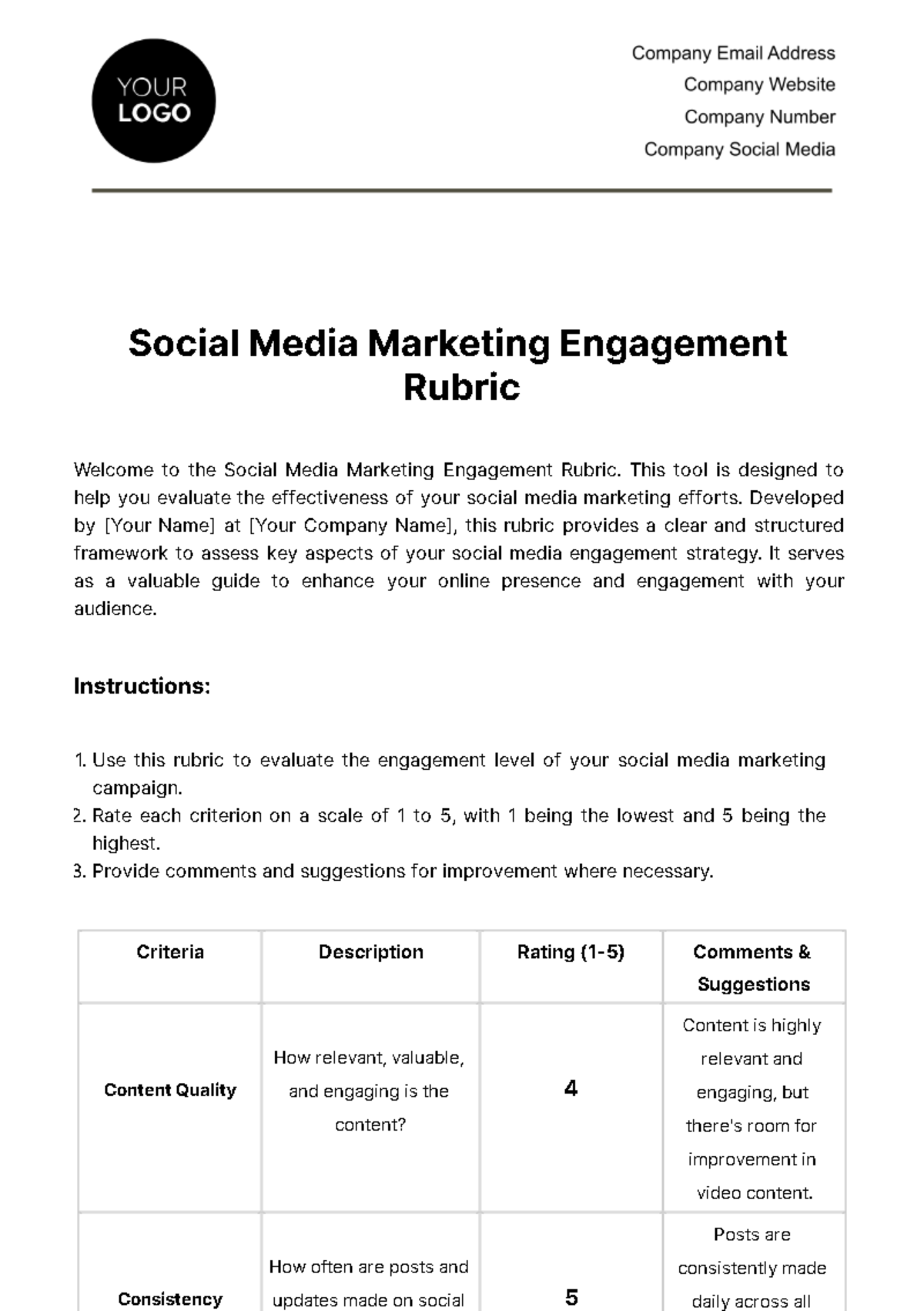 Free Social Media Marketing Engagement Rubric Template