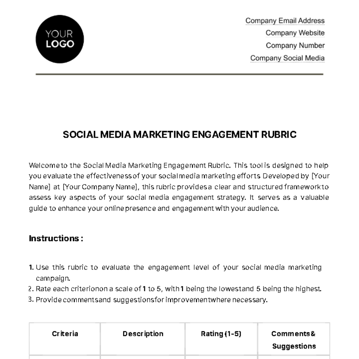Social Media Marketing Engagement Rubric Template