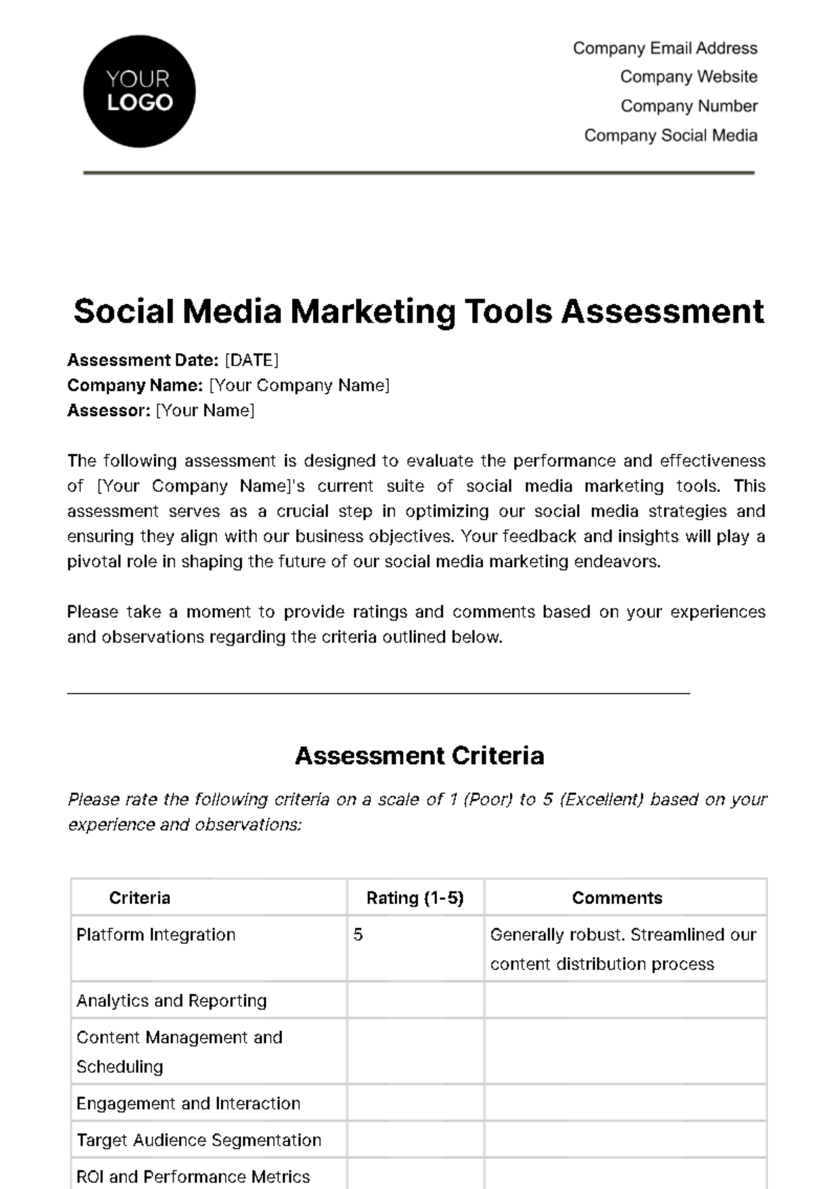 Free Social Media Marketing Tools Assessment Template