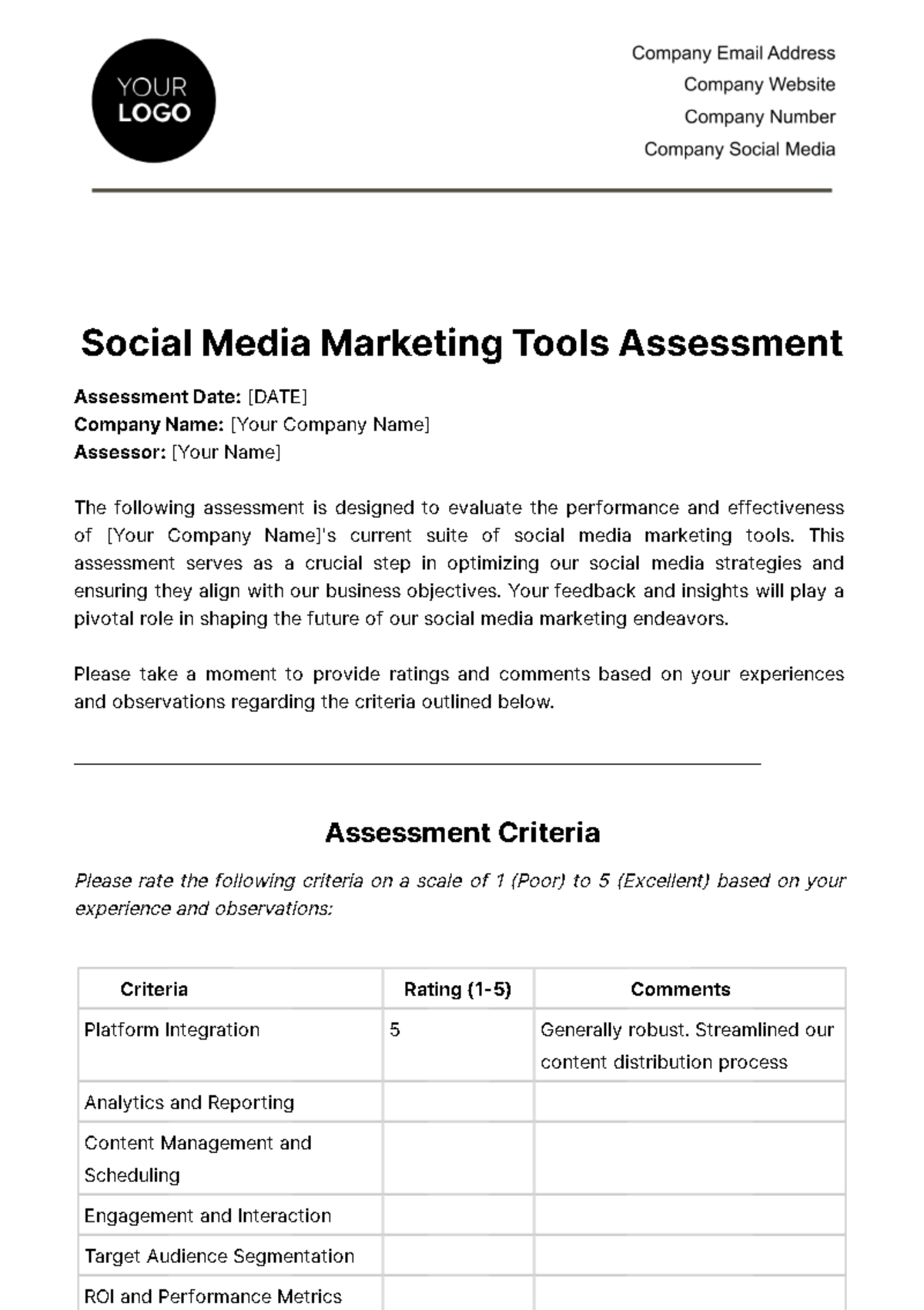 Social Media Marketing Tools Assessment Template - Edit Online & Download