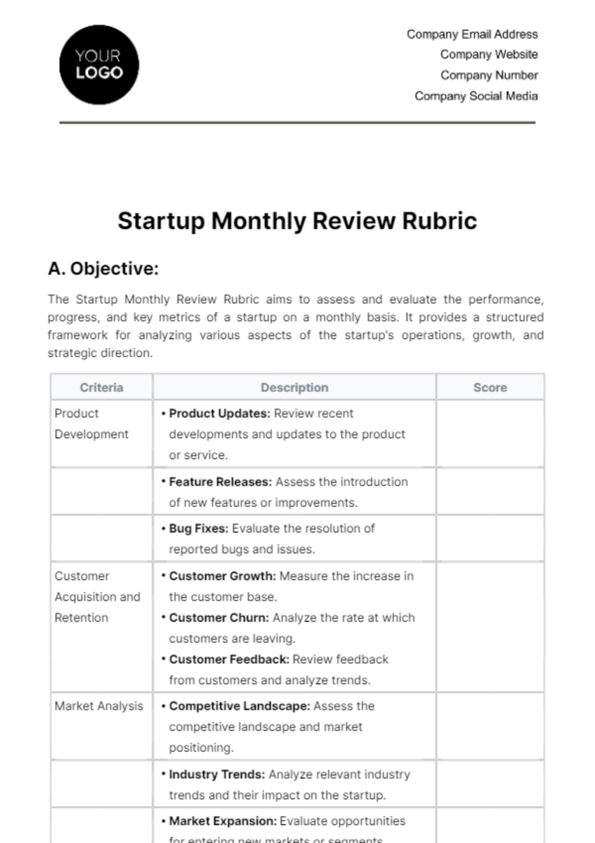 Startup Monthly Review Rubric Template