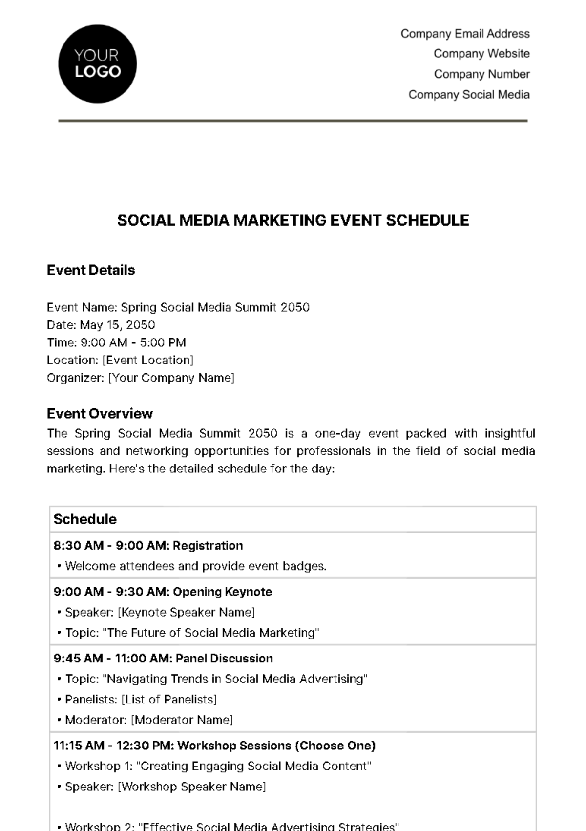 Free Social Media Marketing Event Schedule Template