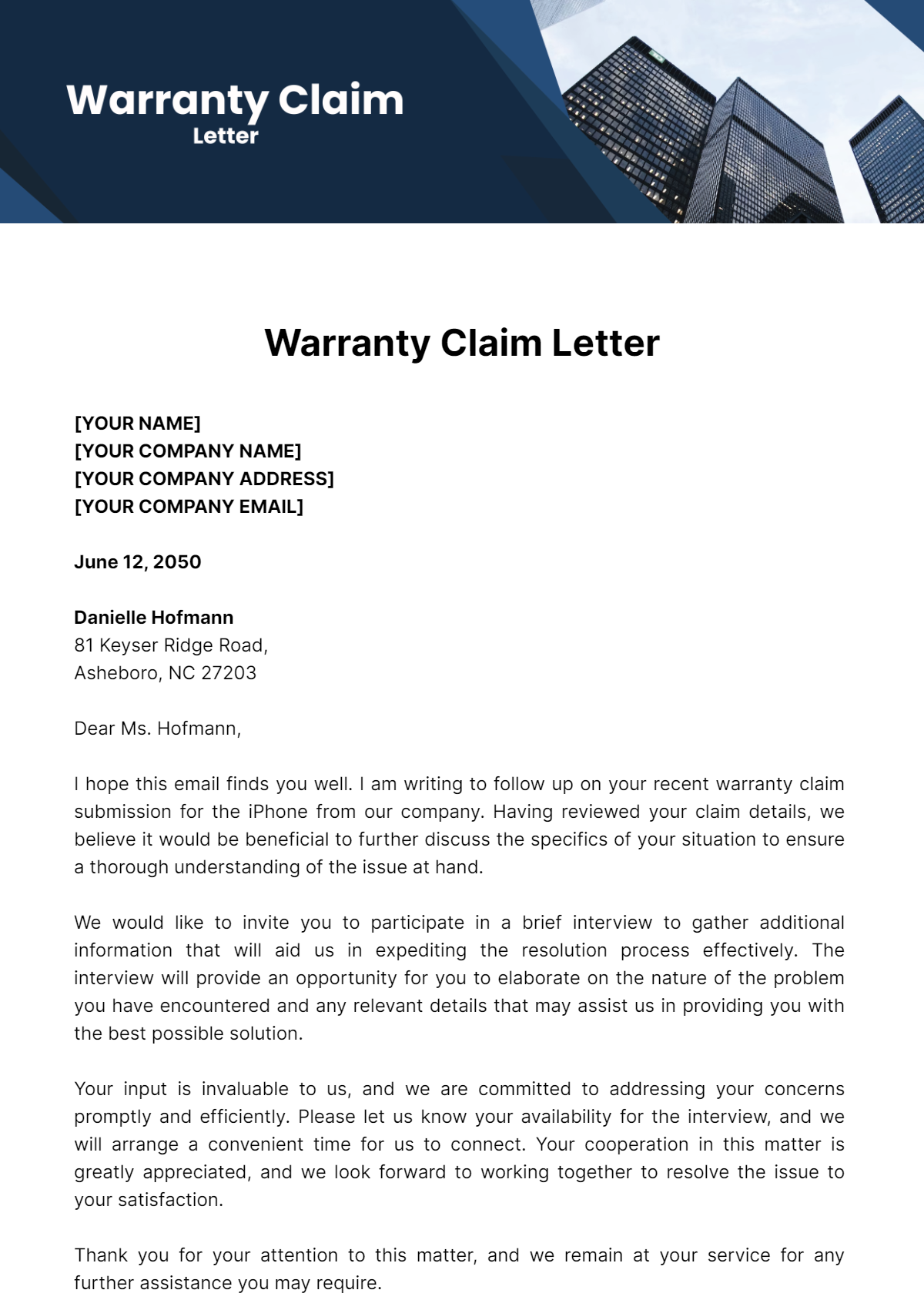 Warranty Claim Letter Template