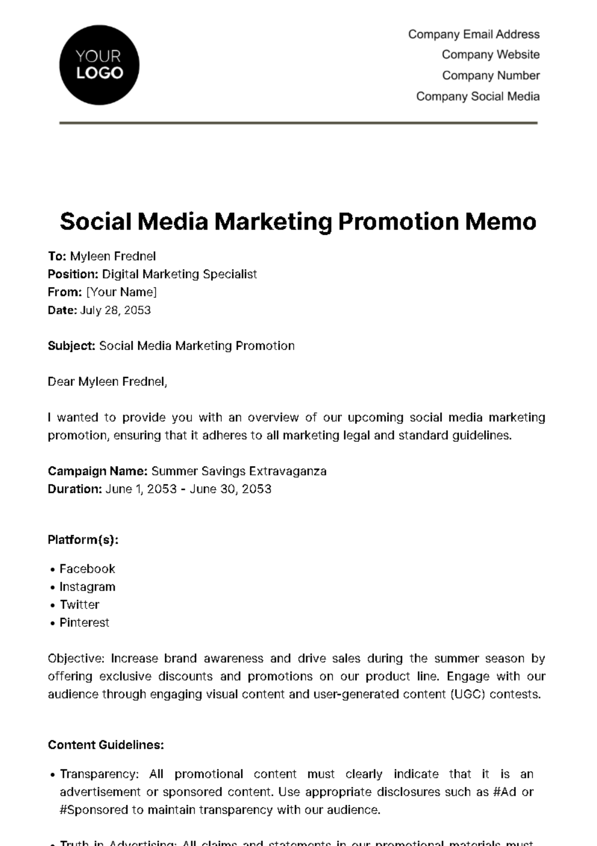 Social Media Marketing Promotion Memo Template
