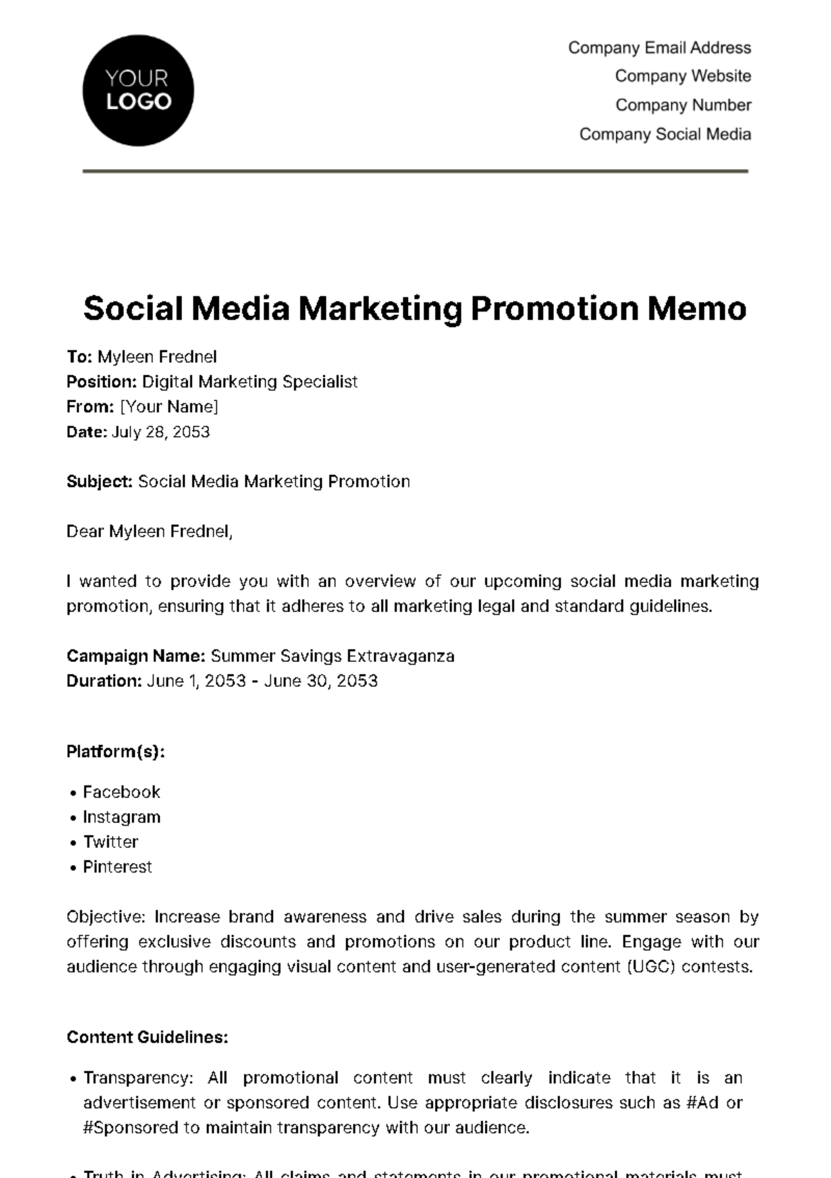 Social Media Marketing Promotion Memo Template - Edit Online & Download