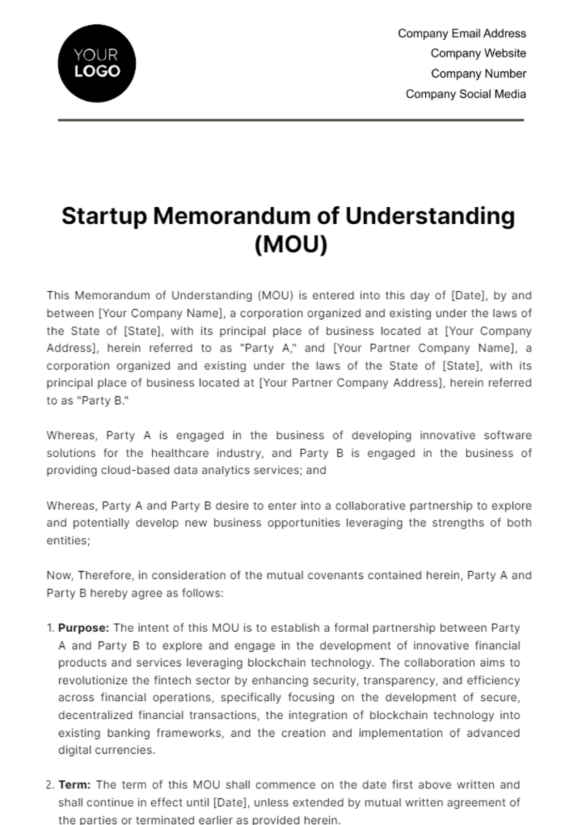 Startup Memorandum of Understanding (MOU) Template