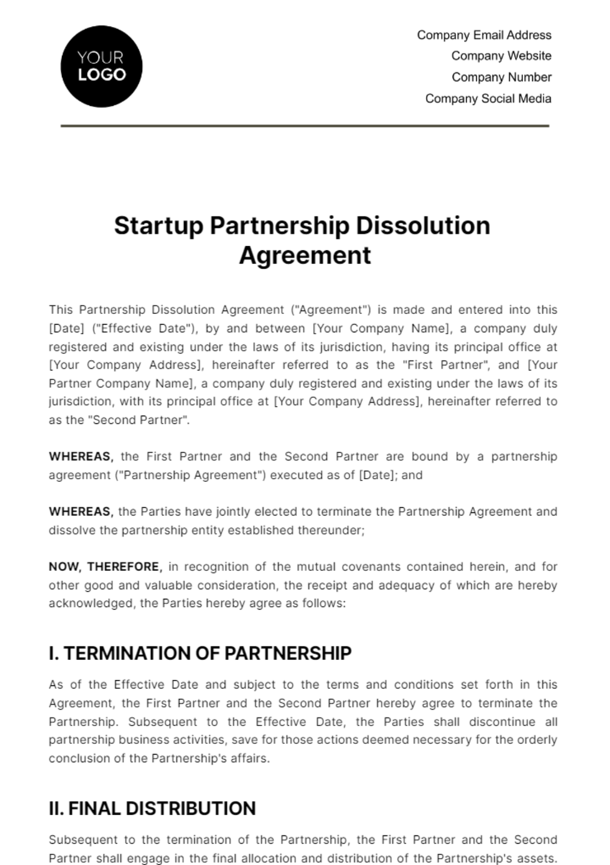 Startup Partnership Dissolution Agreement Template