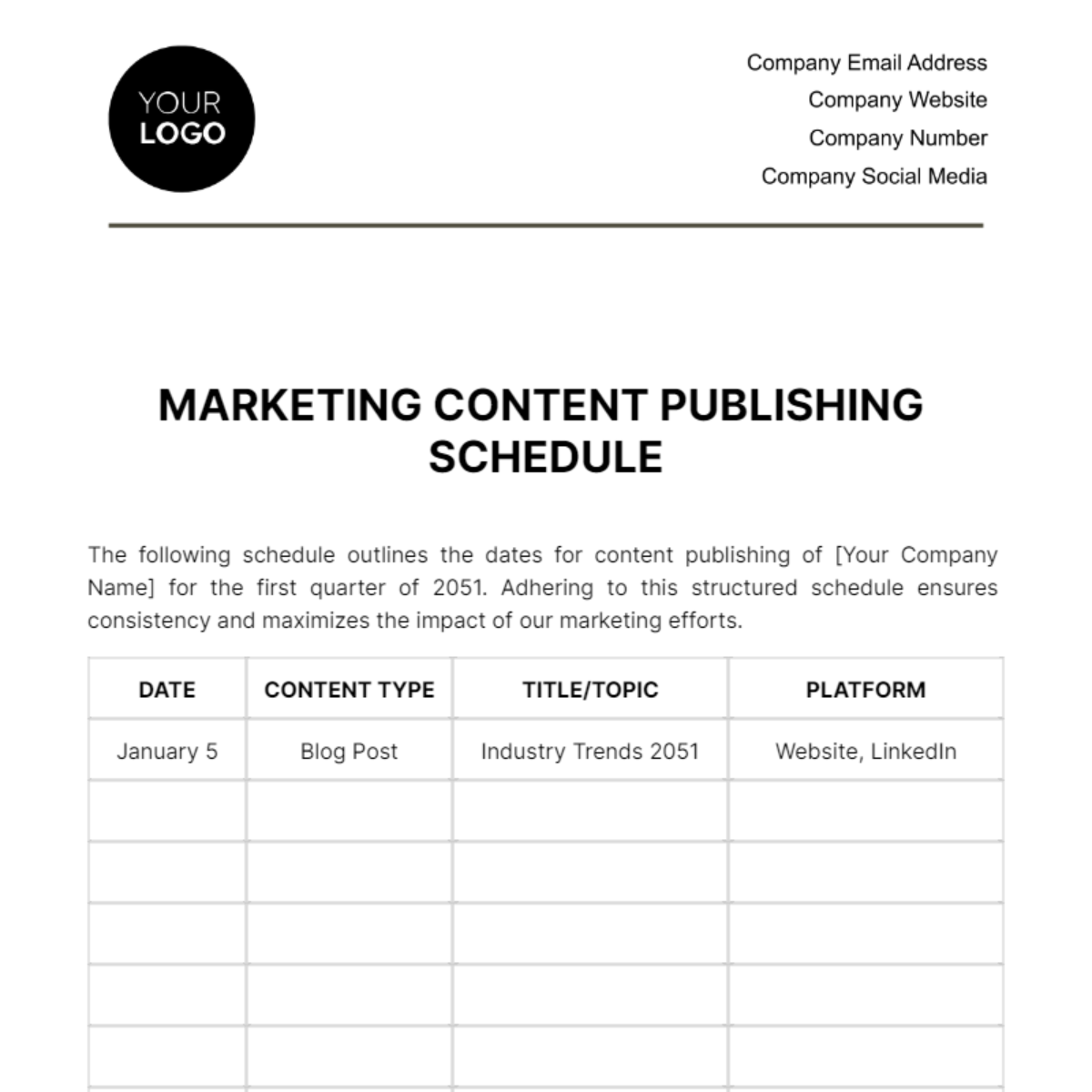 Marketing Content Publishing Schedule Template