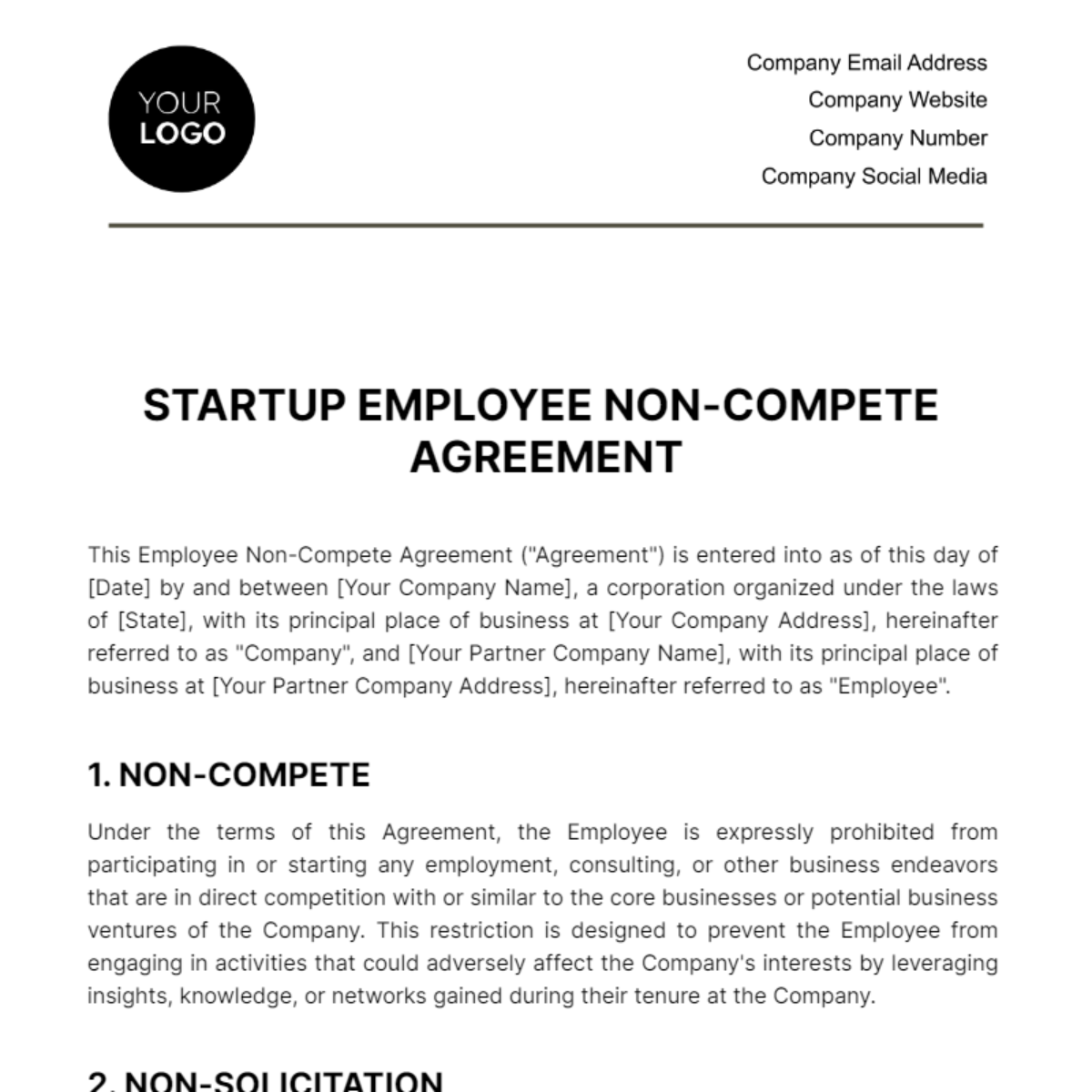 Startup Employee Non-Compete Agreement Template - Edit Online & Download