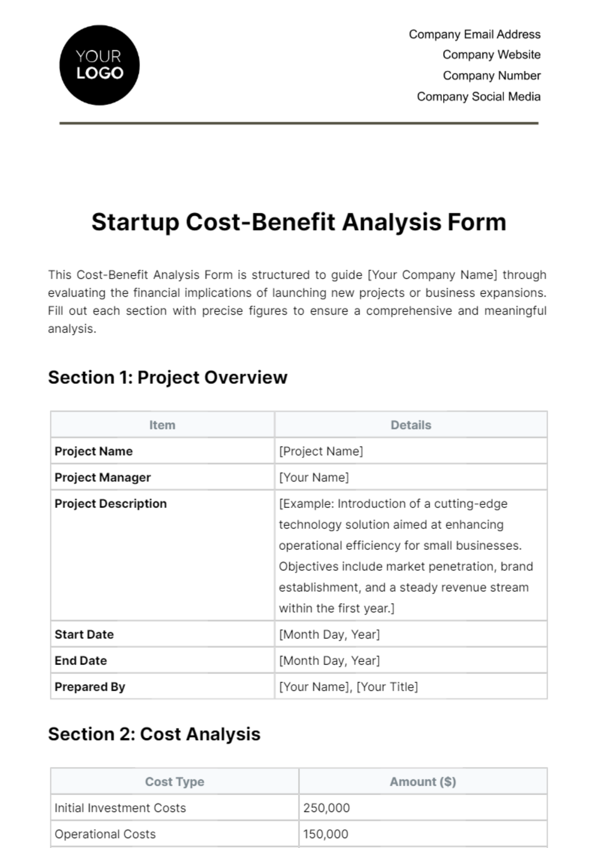 Startup Cost-Benefit Analysis Form Template