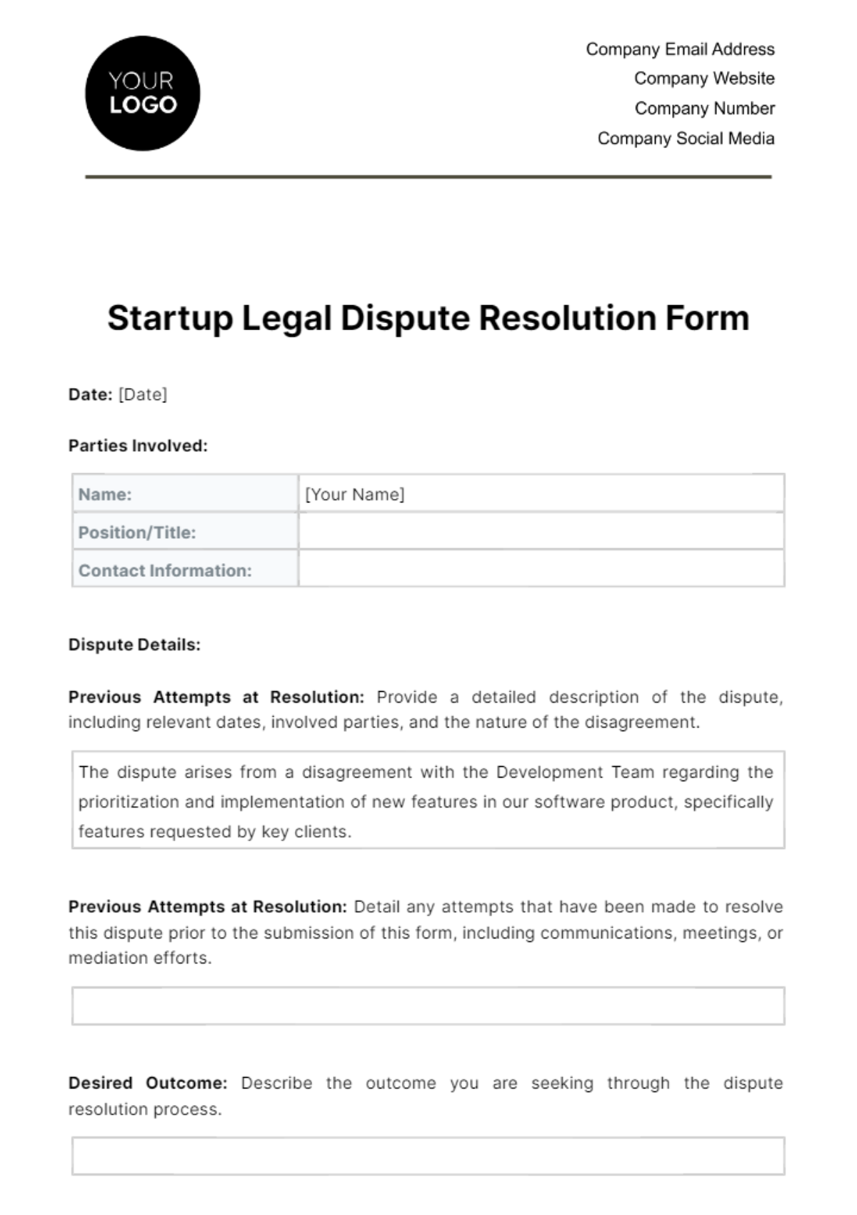 Free Startup Legal Dispute Resolution Form Template