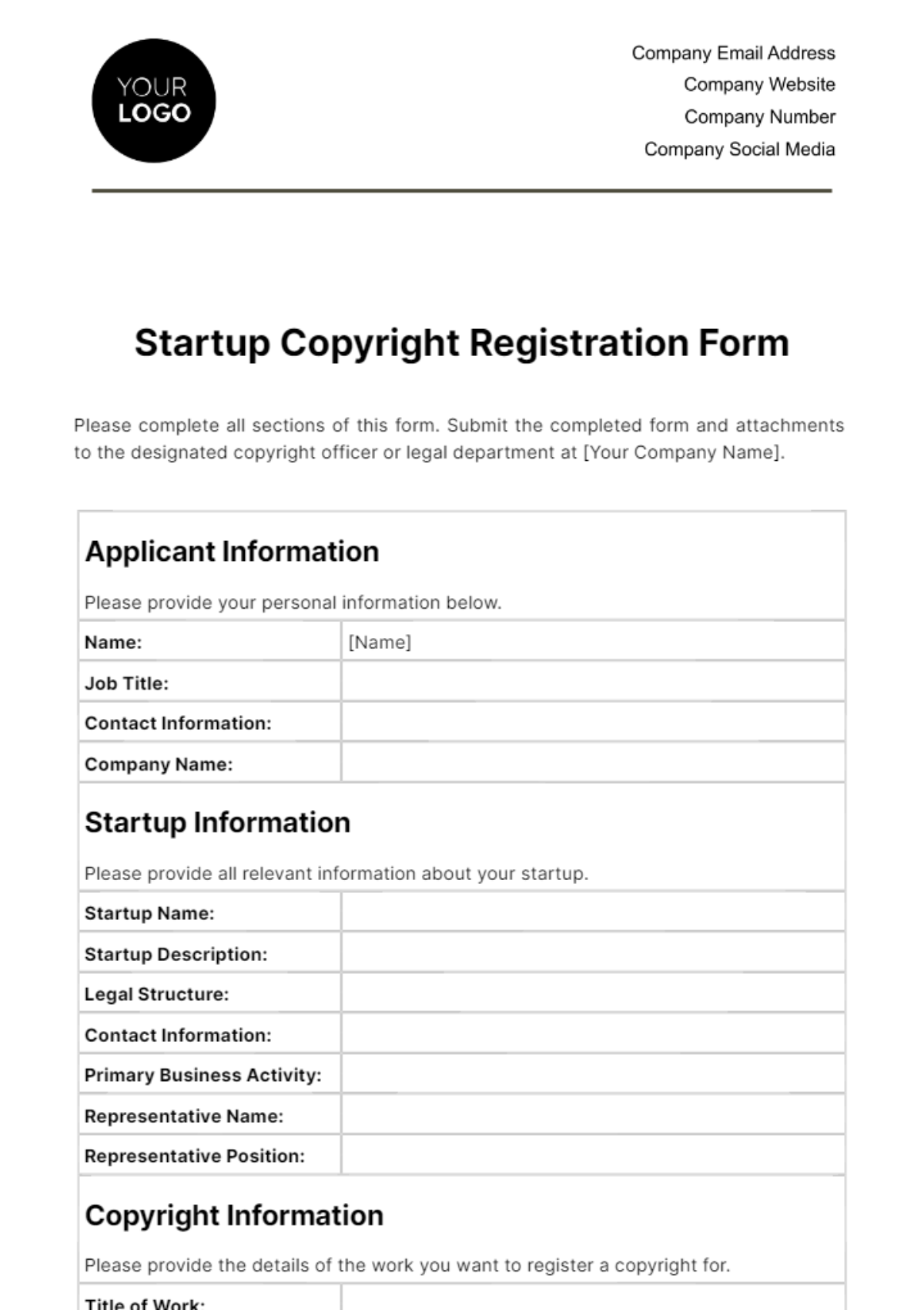 Startup Copyright Registration Form Template