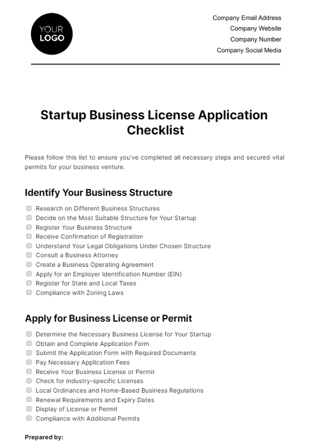 Free Startup Business License Application Checklist Template