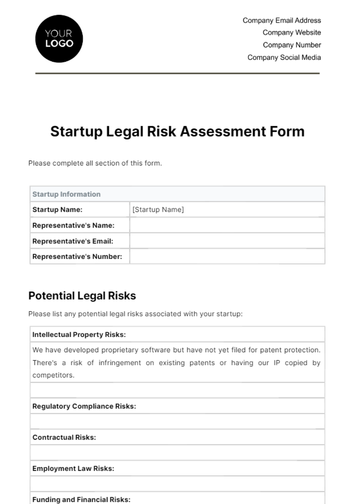 Startup Legal Risk Assessment Form Template