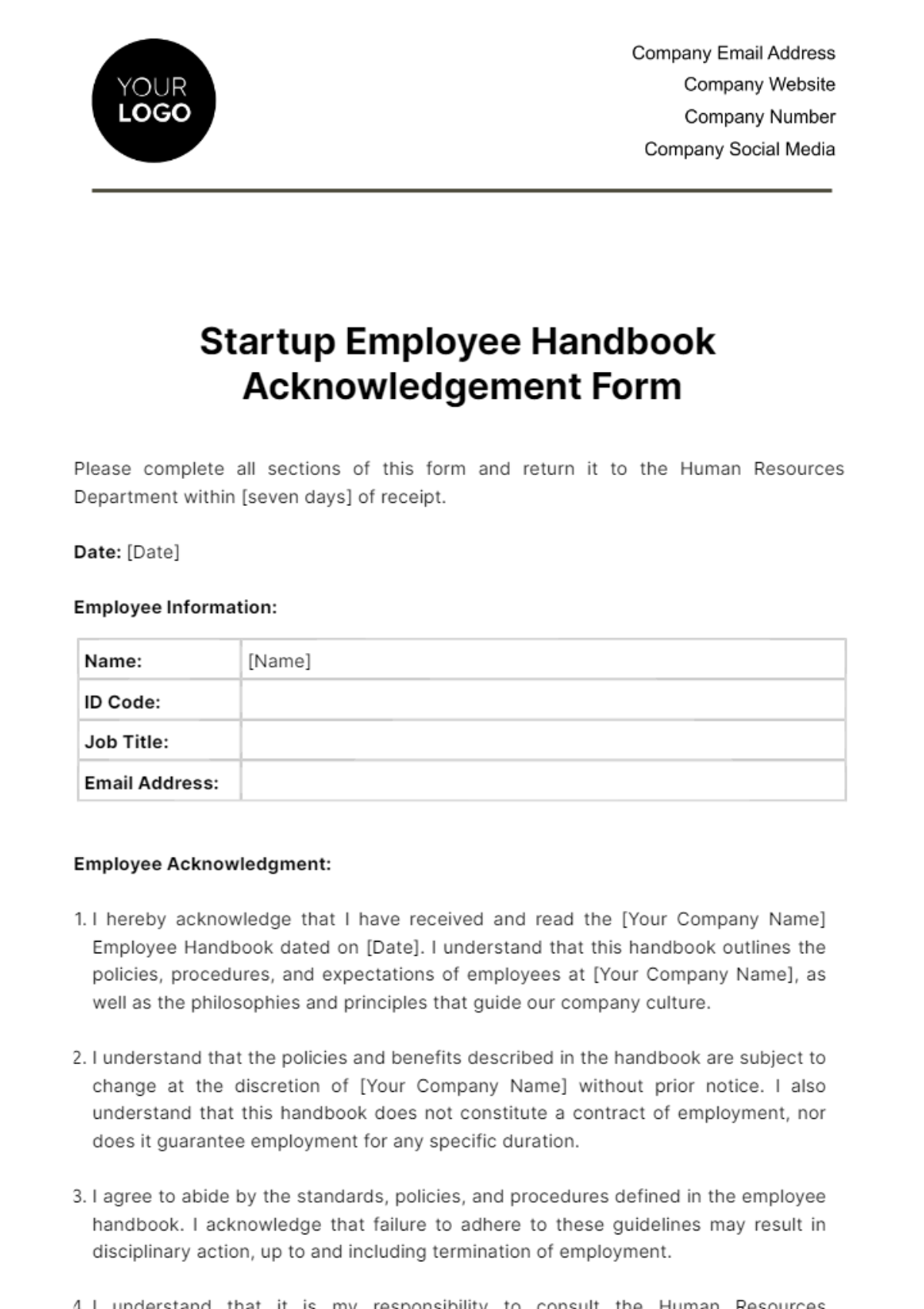 Free Startup Employee Handbook Acknowledgment Form Template