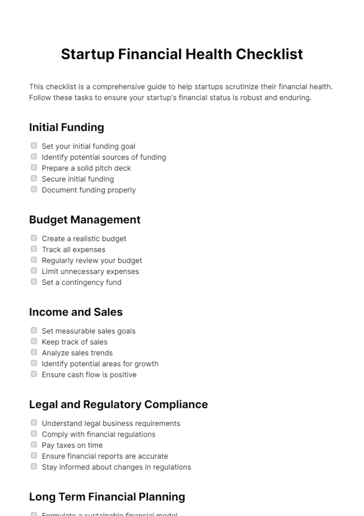 Free Startup Financial Health Checklist Template
