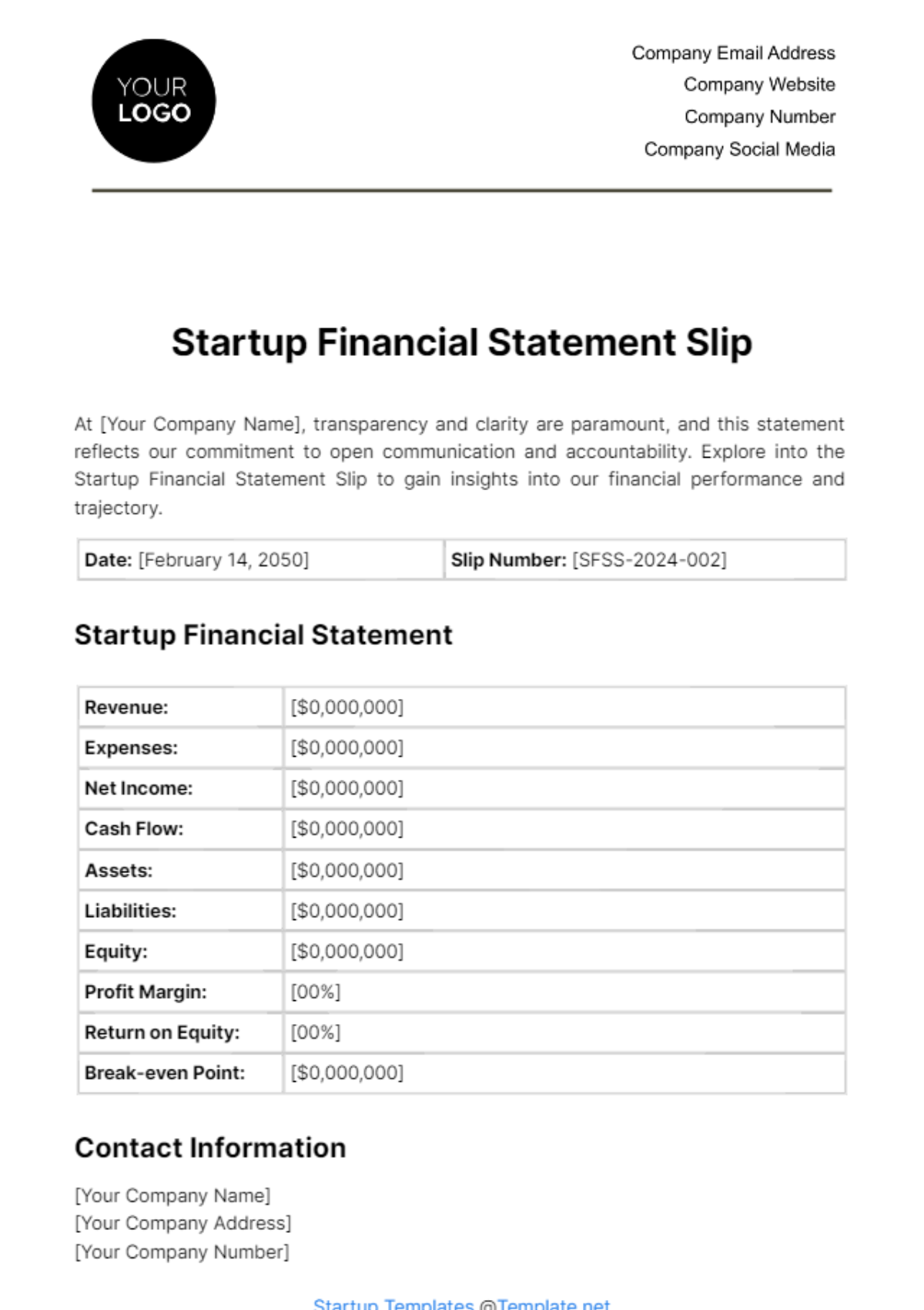 Free Startup Financial Statement Slip Template