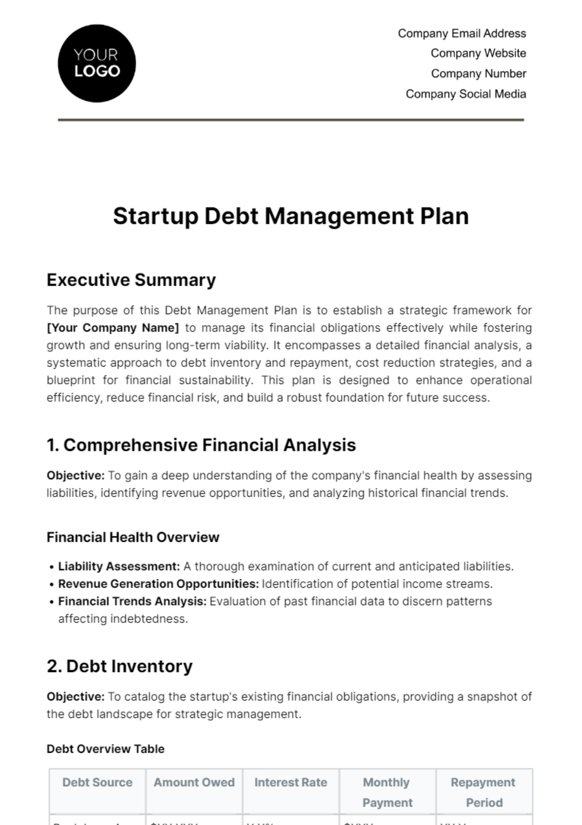 Startup Debt Management Plan Template