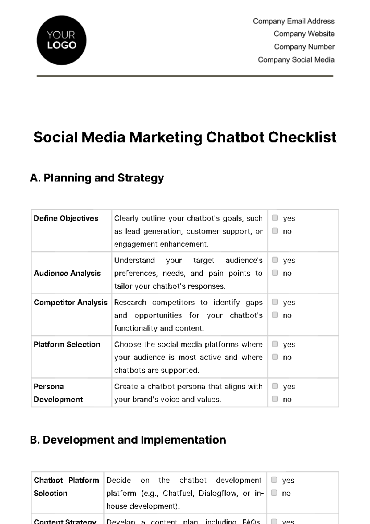 Free Social Media Marketing Chatbot Checklist Template