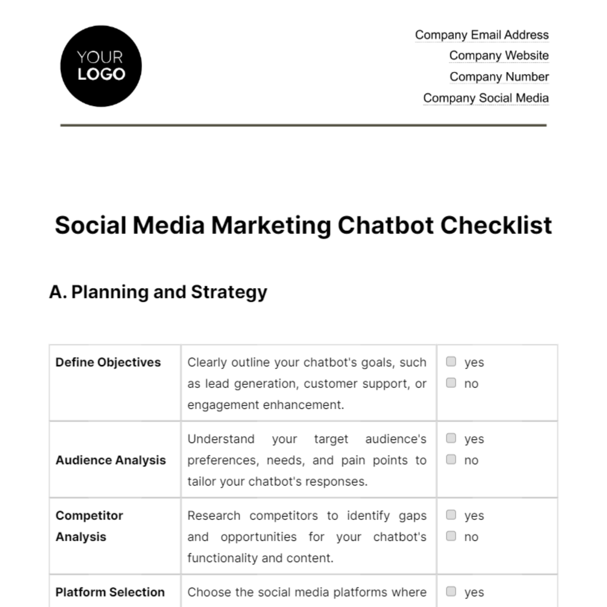 Social Media Marketing Chatbot Checklist Template