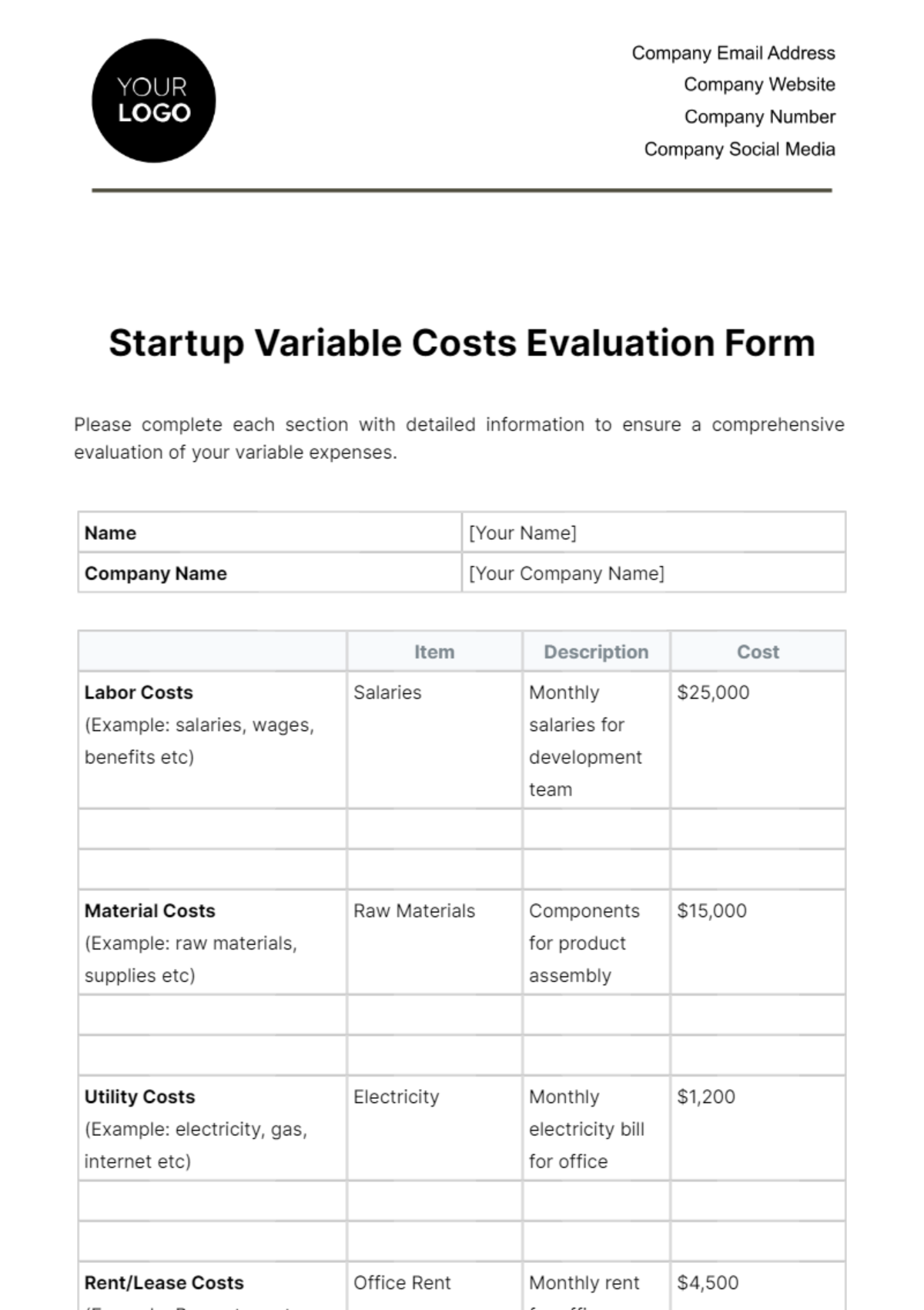 Free Startup Variable Costs Evaluation Form Template