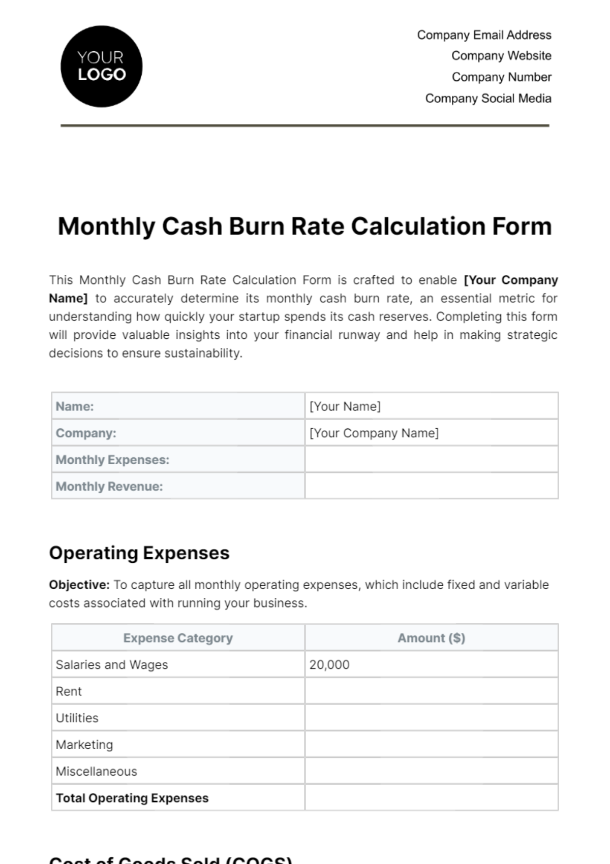 Monthly Cash Burn Rate Calculation Form