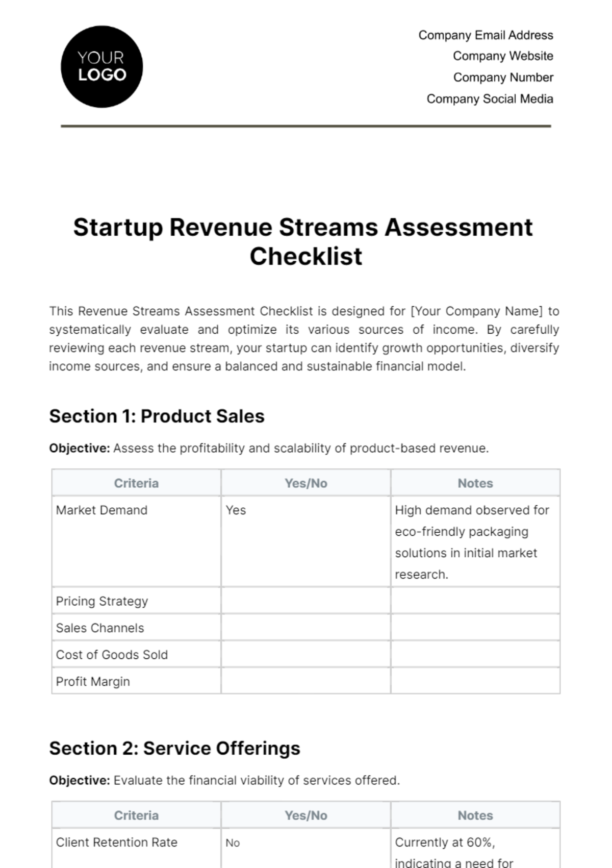 Startup Revenue Streams Assessment Checklist