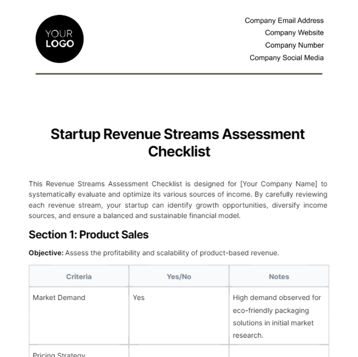 Startup Revenue Streams Assessment Checklist