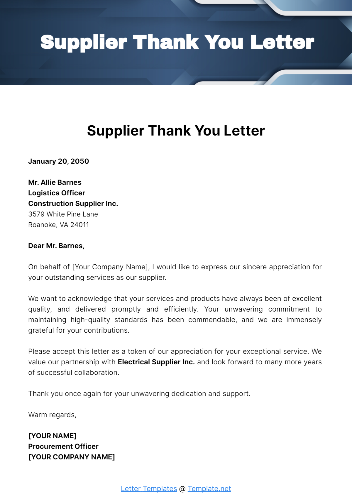 Supplier Thank You Letter Template