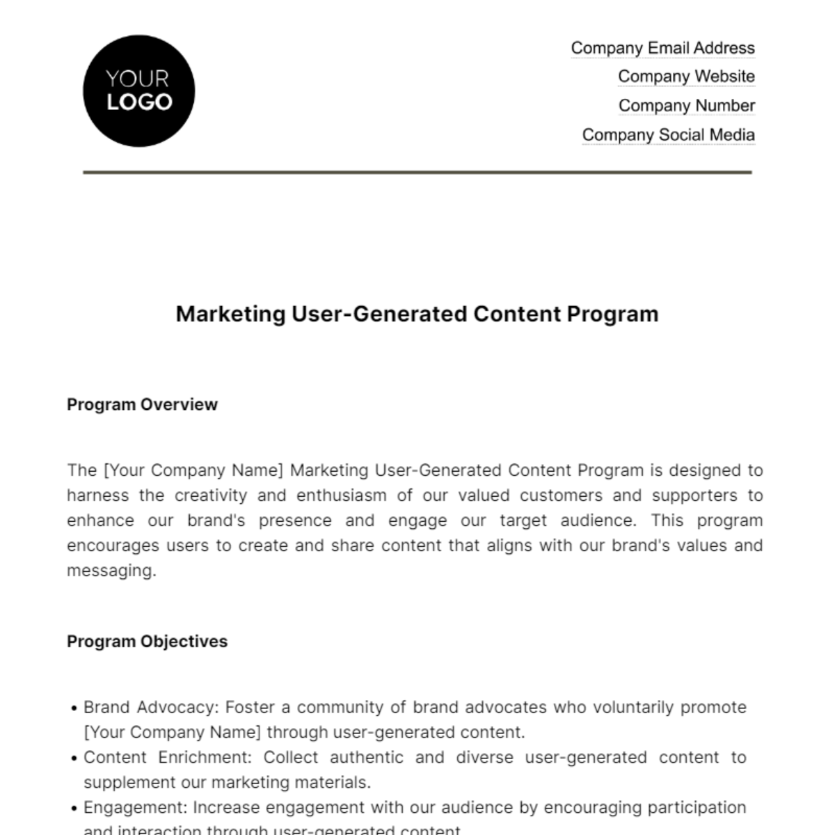 Marketing User Generated Content Program Template