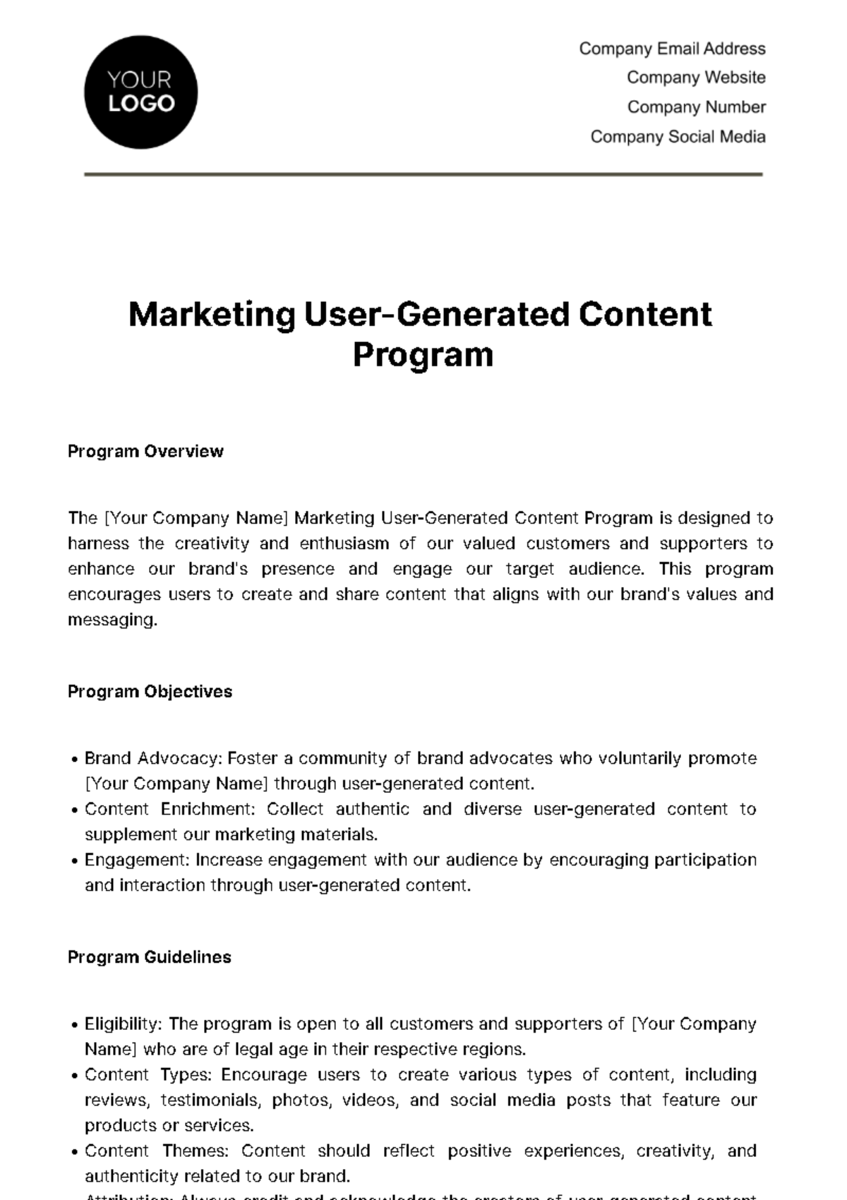 Marketing User Generated Content Program Template
