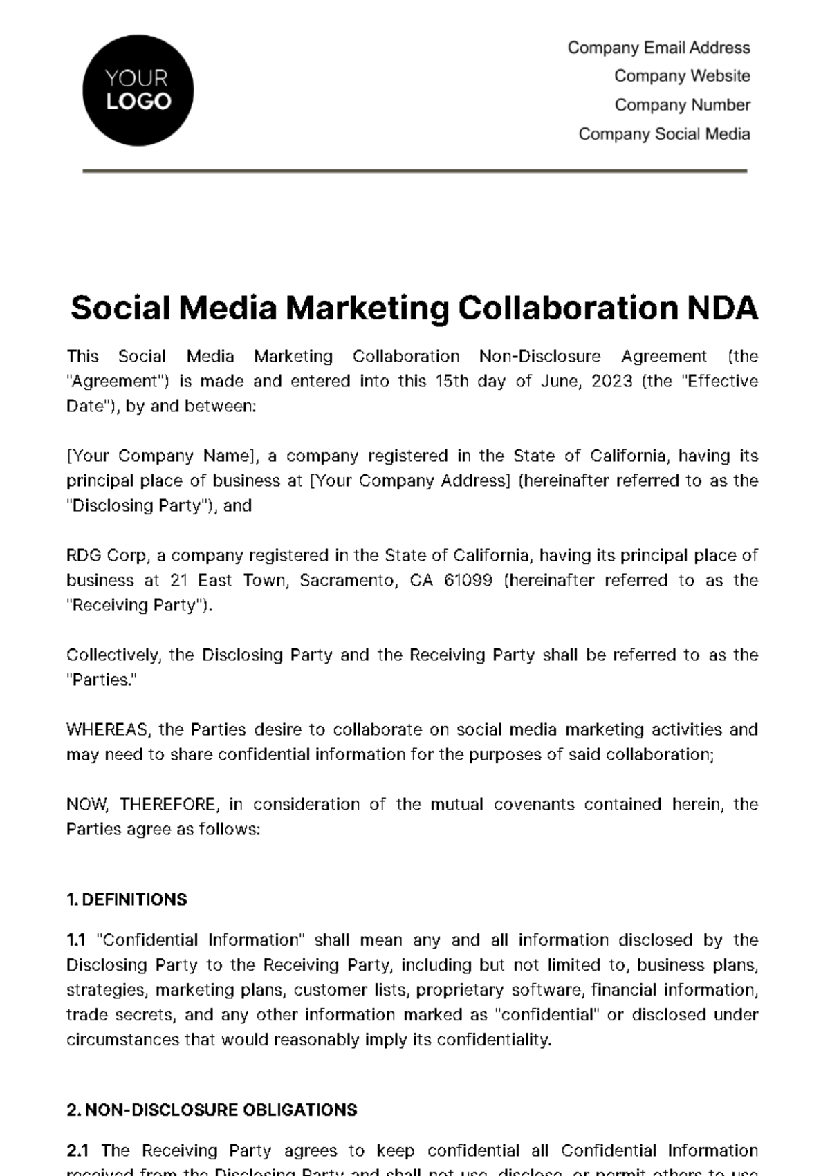 Free Social Media Marketing Collaboration NDA Template